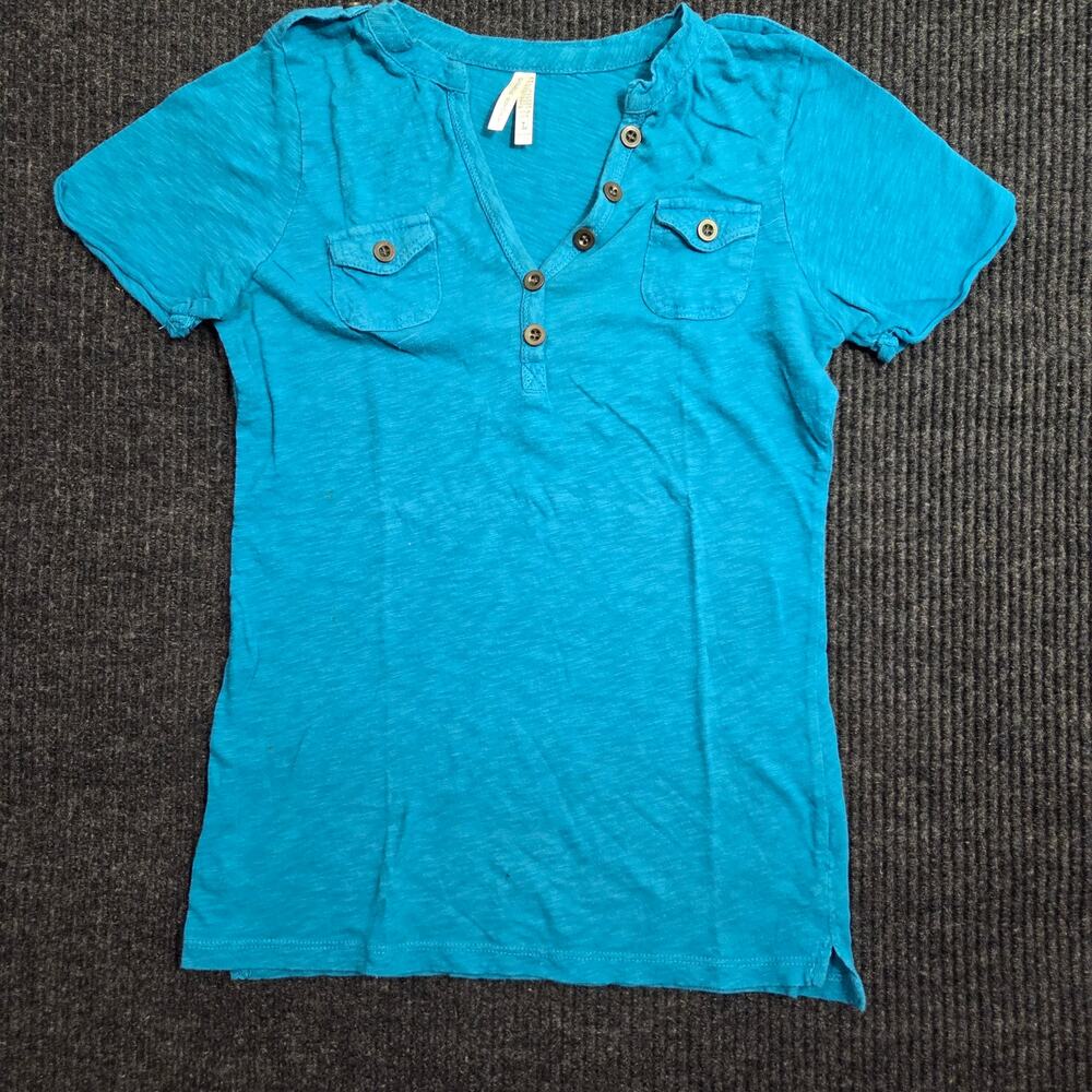 Cotton Turquoise Blue Henley T-Shirt Button Front Size Large Y2k Preppy